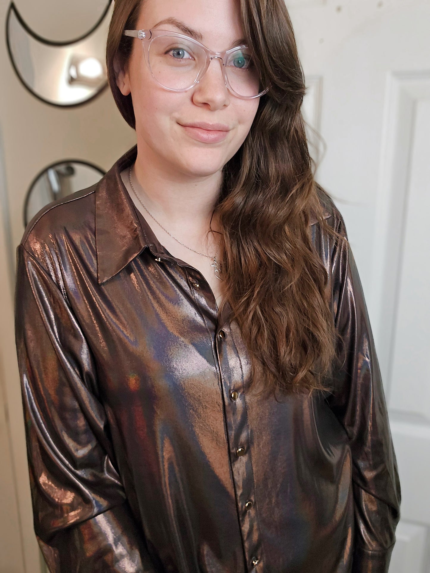 Midnight Galaxy Holographic Button-Up Blouse