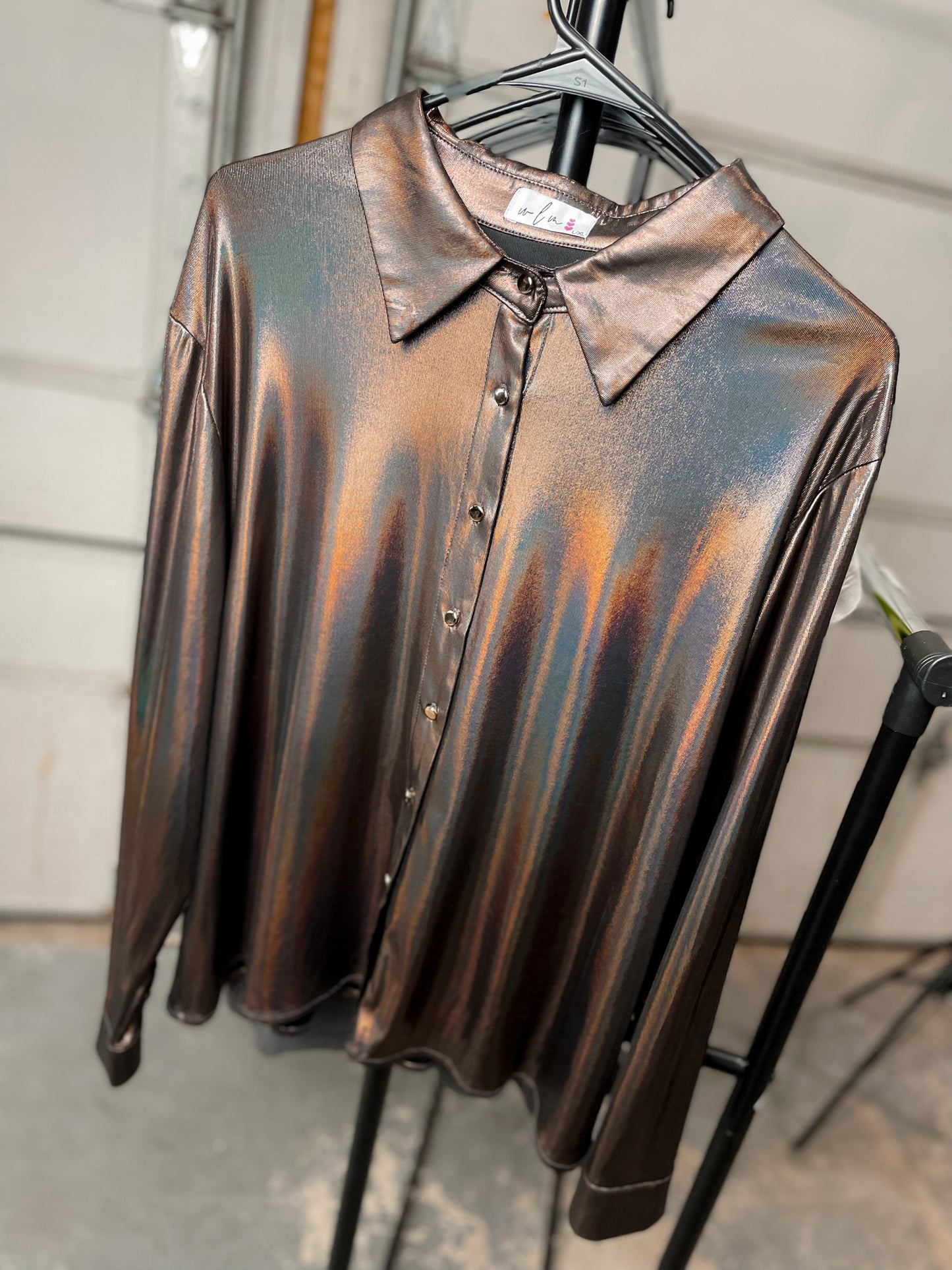 Midnight Galaxy Holographic Button-Up Blouse