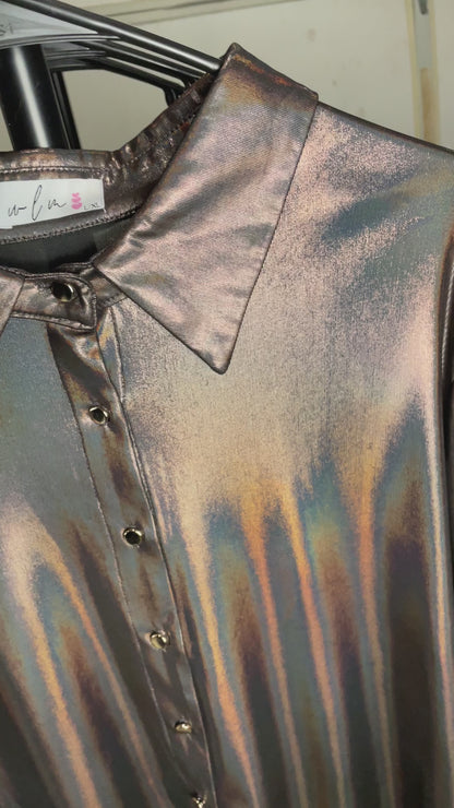 Midnight Galaxy Holographic Button-Up Blouse